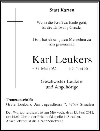 Traueranzeige von Karl Leukers von Rheinische Post