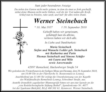 Traueranzeige von Werner Steinebach von Rheinische Post