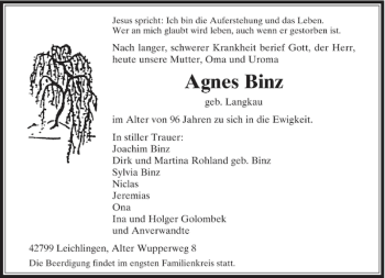 Traueranzeige von Agnes Binz von Rheinische Post