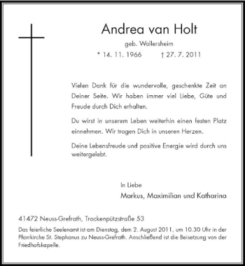 Traueranzeige von Andrea van Holt von Rheinische Post