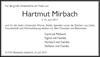 Traueranzeige von Hartmut Mirbach von Rheinische Post