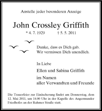 Traueranzeige von John Crossley Griffith von Rheinische Post