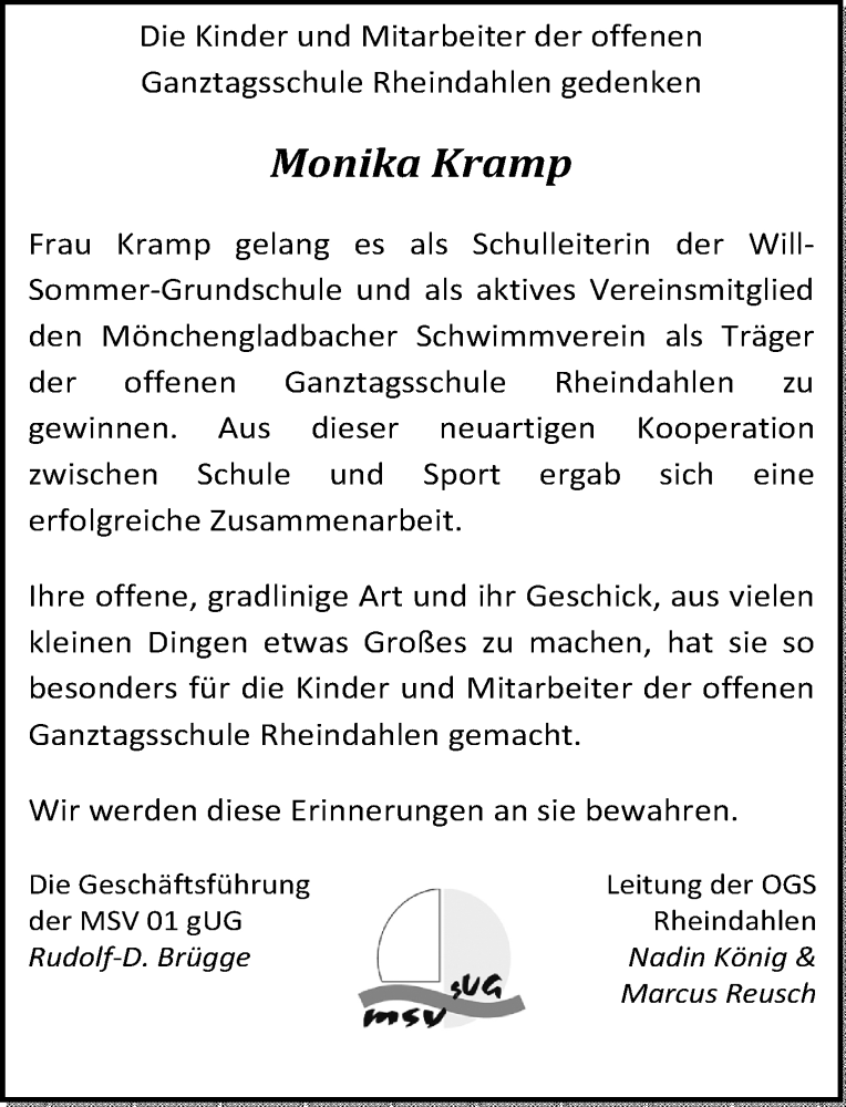  Traueranzeige für Monika Kramp vom 30.05.2015 aus Rheinische Post