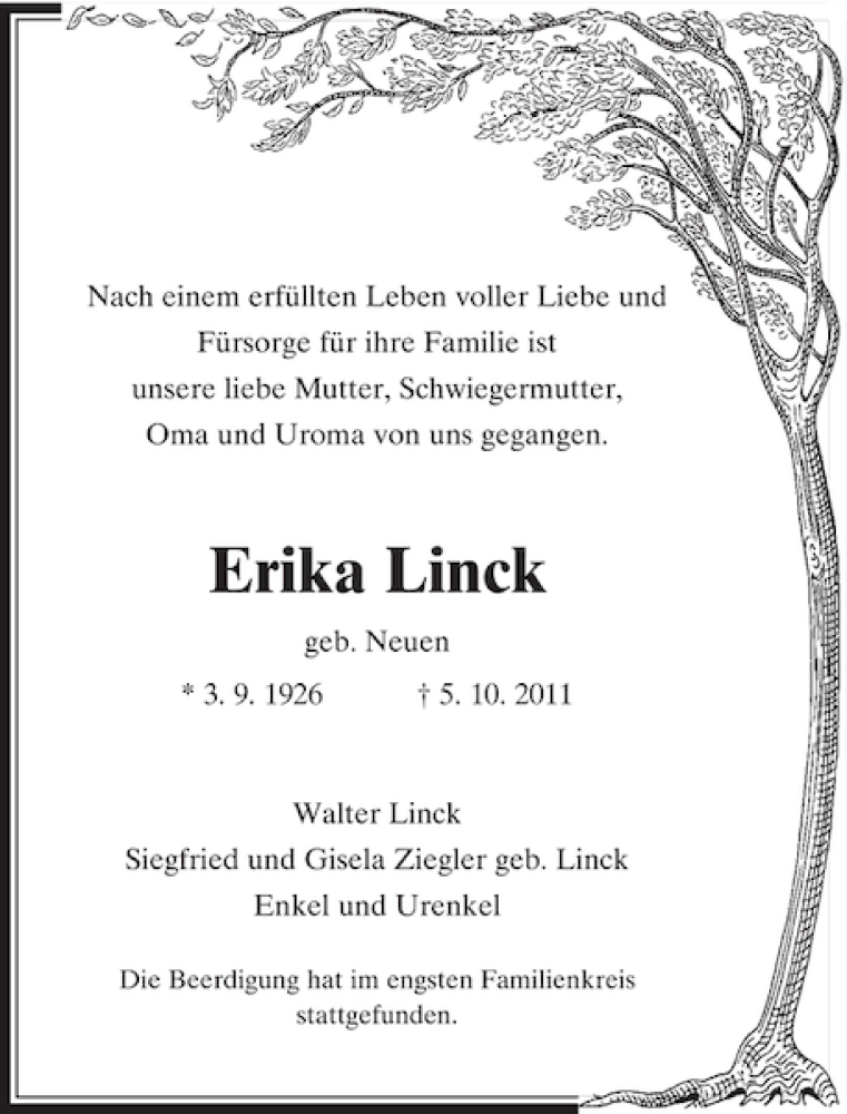  Traueranzeige für Erika Linck vom 15.10.2011 aus Rheinische Post