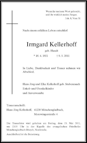 Traueranzeige von Irmgard Kellerhoff von Rheinische Post