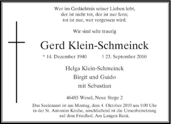 Traueranzeige von Gerd Klein-Schmeinck von Rheinische Post