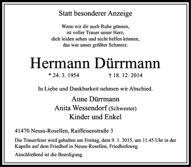  Traueranzeige für Hermann Dürrmann vom 07.01.2015 aus Rheinische Post