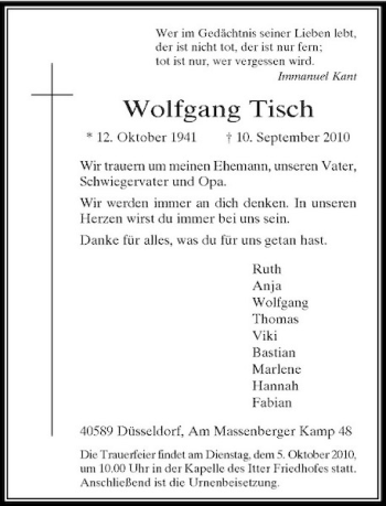 Traueranzeige von Wolfgang Tisch von Rheinische Post
