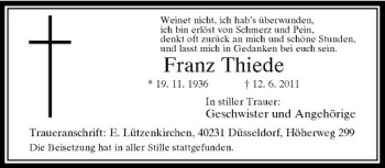 Traueranzeige von Franz Thiede von Rheinische Post