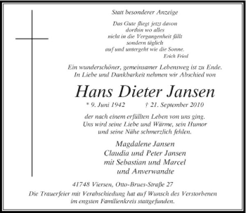 Traueranzeige von Hans Dieter Jansen von Rheinische Post