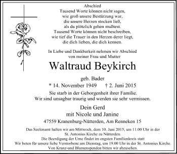 Traueranzeige von Waltraud Beykirch von Rheinische Post