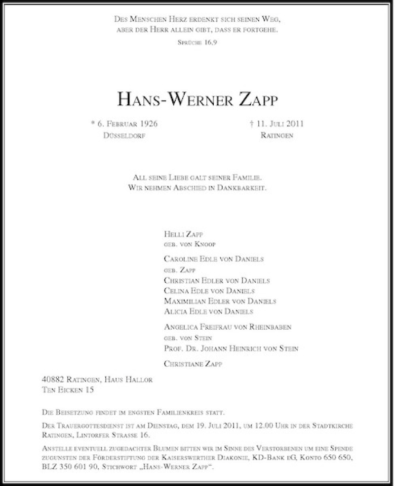  Traueranzeige für Hans-Werner Zapp vom 16.07.2011 aus Rheinische Post