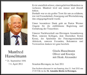 Traueranzeige von Manfred Hasselmann von Rheinische Post