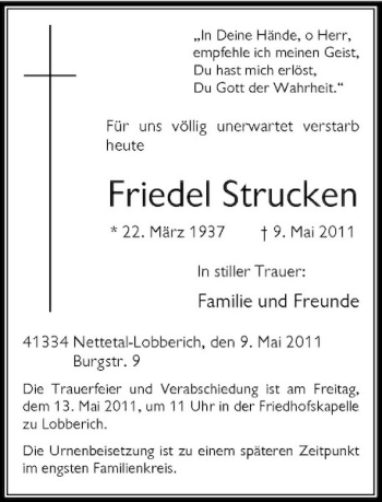 Traueranzeige von Friedel Strucken von Rheinische Post