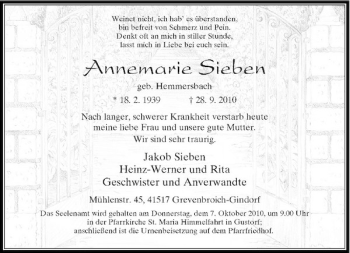 Traueranzeige von Annemarie Sieben von Rheinische Post
