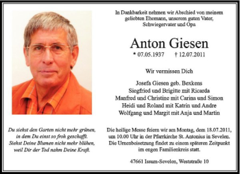 Traueranzeige von Anton Giesen von Rheinische Post