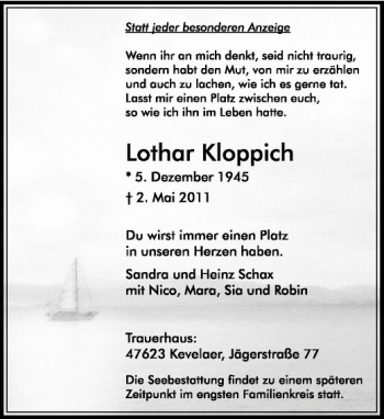 Traueranzeige von Lothar Kloppich von Rheinische Post