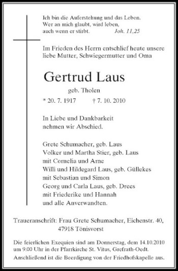 Traueranzeige von Gertrud Laus von Rheinische Post