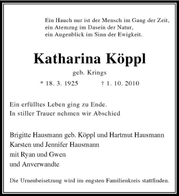 Traueranzeige von Katharina Köppl von Rheinische Post