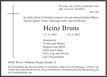Traueranzeige von Bruns Heinz von Rheinische Post