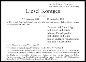 Traueranzeige von Liesel Köntges von Rheinische Post