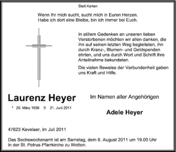 Traueranzeige von Laurenz Heyer von Rheinische Post