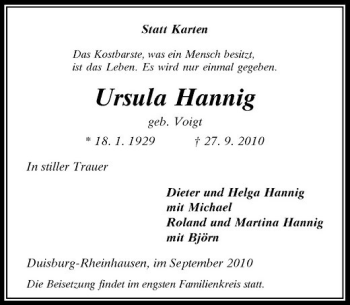 Traueranzeige von Ursula Hannig von Rheinische Post