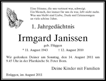 Traueranzeige von Irmgard Janissen von Rheinische Post