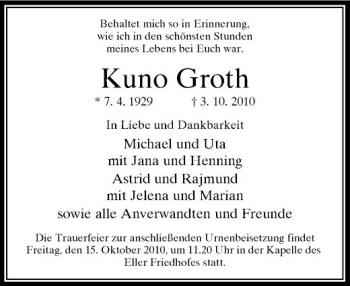 Traueranzeige von Kuno Groth von Rheinische Post