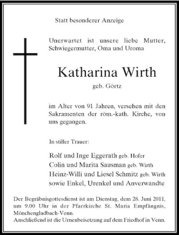 Traueranzeige von Katharina Wirth von Rheinische Post