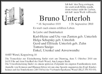 Traueranzeige von Bruno Unterloh von Rheinische Post