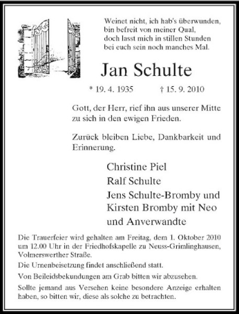 Traueranzeige von Jan Schulte von Rheinische Post