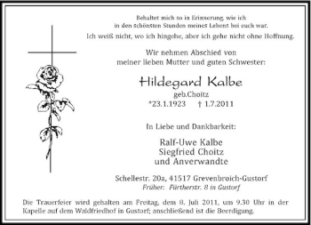 Traueranzeige von Hildegard Kalbe von Rheinische Post
