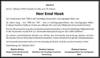 Traueranzeige von Herr Ernst Heek von Rheinische Post