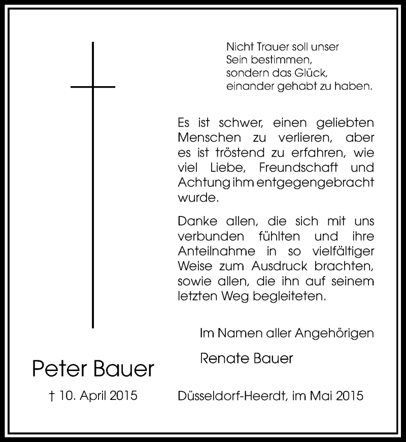  Traueranzeige für Peter Bauer vom 30.05.2015 aus Rheinische Post