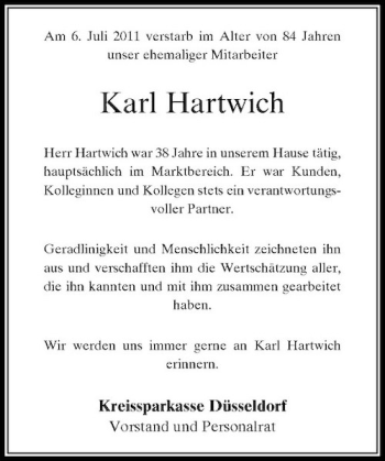 Traueranzeige von Karl Hartwich von Rheinische Post