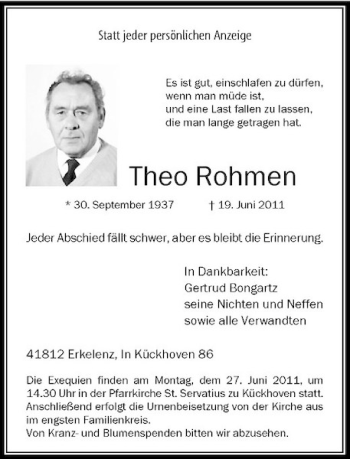 Traueranzeige von Theo Rohmen von Rheinische Post