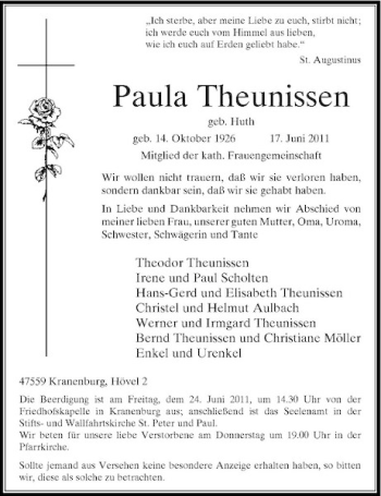 Traueranzeige von Paula Theunissen von Rheinische Post