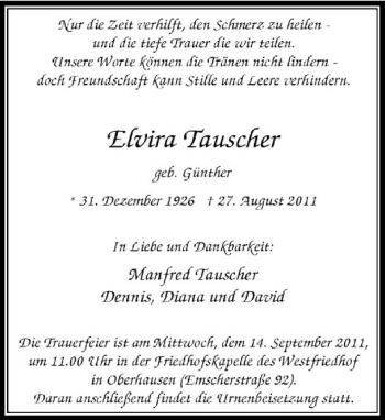 Traueranzeige von Elvira Tauscher von Rheinische Post