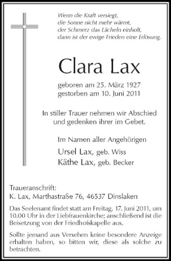 Traueranzeige von Clara Lax von Rheinische Post