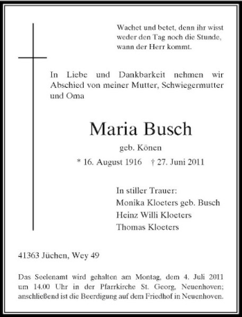 Traueranzeige von Maria Busch von Rheinische Post
