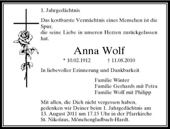 Traueranzeige von Anna Wolf von Rheinische Post