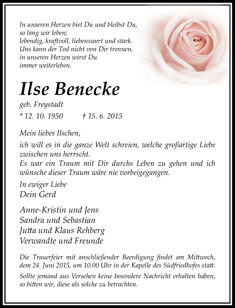  Traueranzeige für Ilse Benecke vom 20.06.2015 aus Rheinische Post