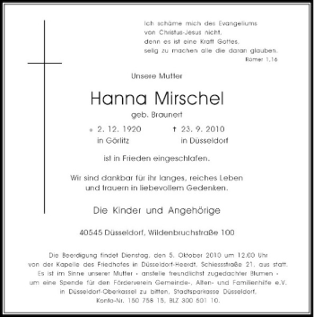 Traueranzeige von Hanna Mirschel von Rheinische Post