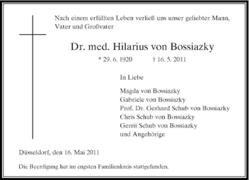 Traueranzeige von Dr. med. Hilarius von Bossiazky von Rheinische Post