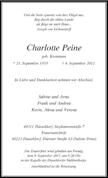 Traueranzeige von Charlotte Peine von Rheinische Post