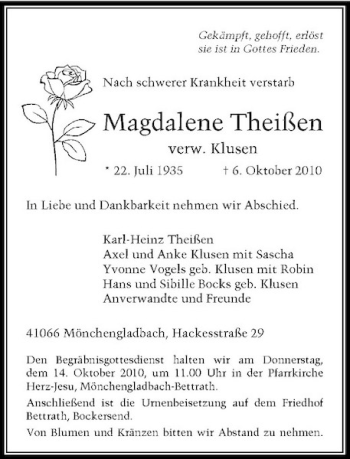 Traueranzeige von Magdalene Theißen von Rheinische Post