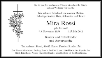 Traueranzeige von Mira Rossi von Rheinische Post