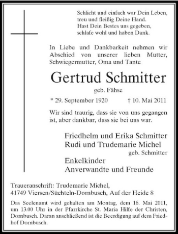 Traueranzeige von Gertrud Schmitter von Rheinische Post