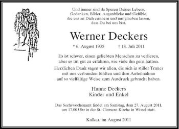 Traueranzeige von Werner Deckers von Rheinische Post